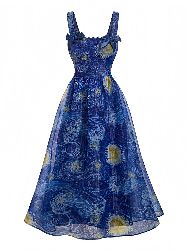 Robe Évasée Col Carré Nuit Étoilée à Nœud Bleue Années 1940 2
