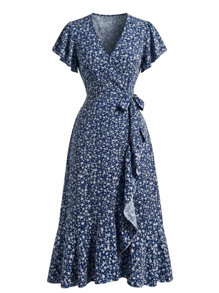 Robe Sirène Col V à Petites Fleurs Orange Années 40