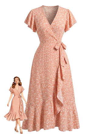 Robe Sirène Col V à Petites Fleurs Orange Années 40