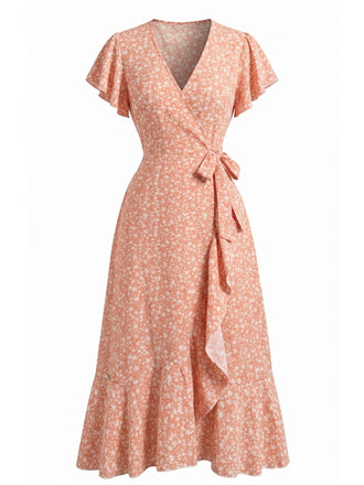 Robe Sirène Col V à Petites Fleurs Orange Années 40