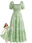 Robe Verte Petites Fleurs Manches Bouffantes Froncée Années 1940