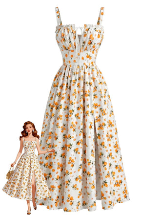 Robe Midi Ligne A Fendue Froncée à Nœud Floral Fruité Années 40