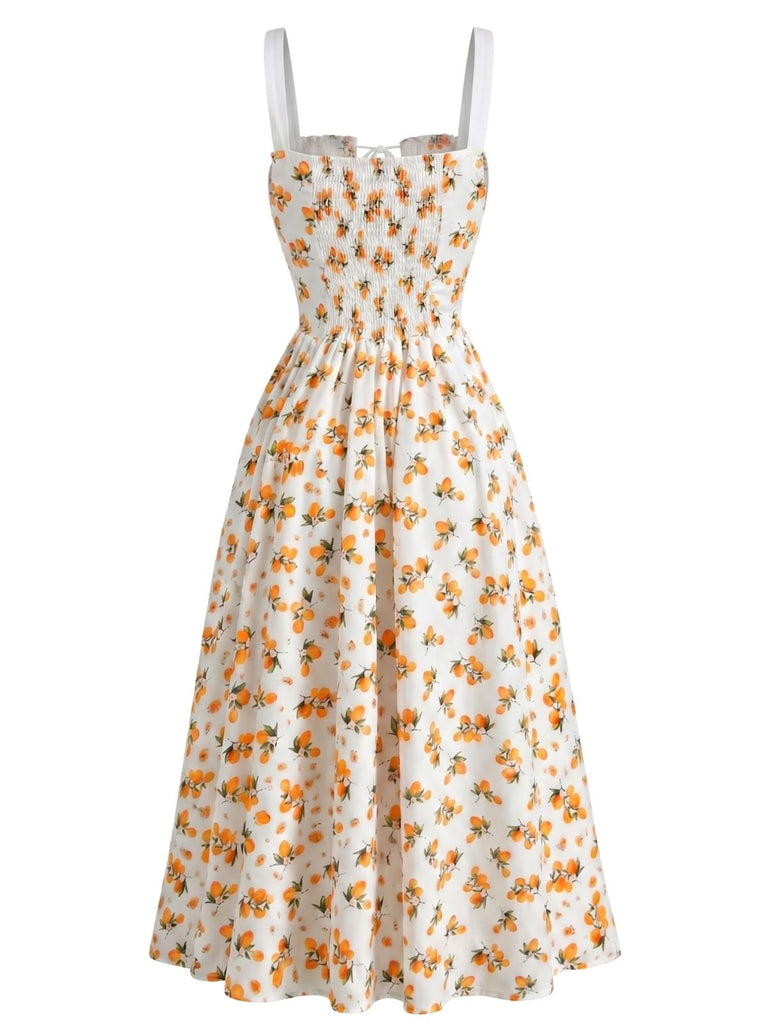 Robe Midi Ligne A Fendue Froncée à Nœud Floral Fruité Années 40