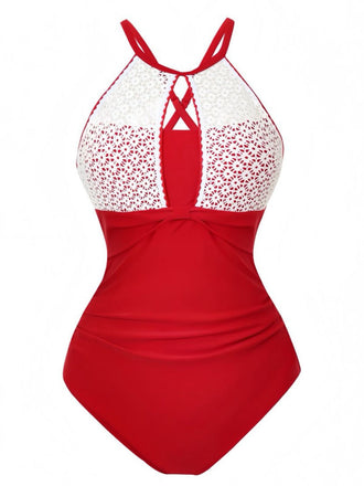 Red and white swimsuit with lace details on a white background