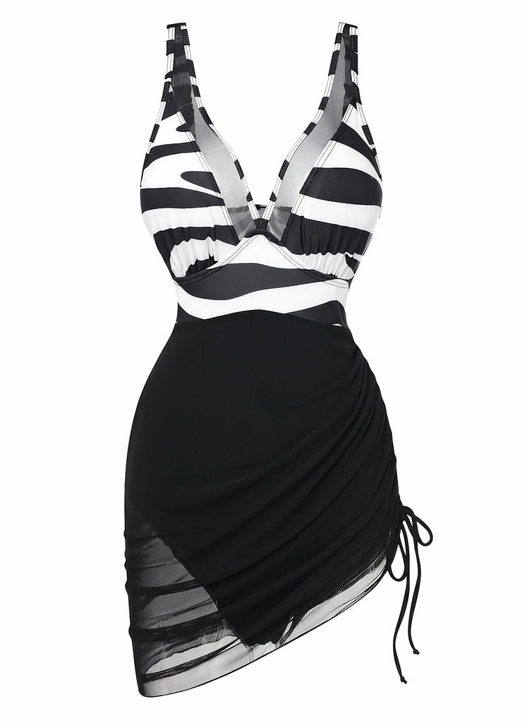 Maillot de Bain Une Pièce Zèbre Filet Imprimé Noir et Blanc Années 1940