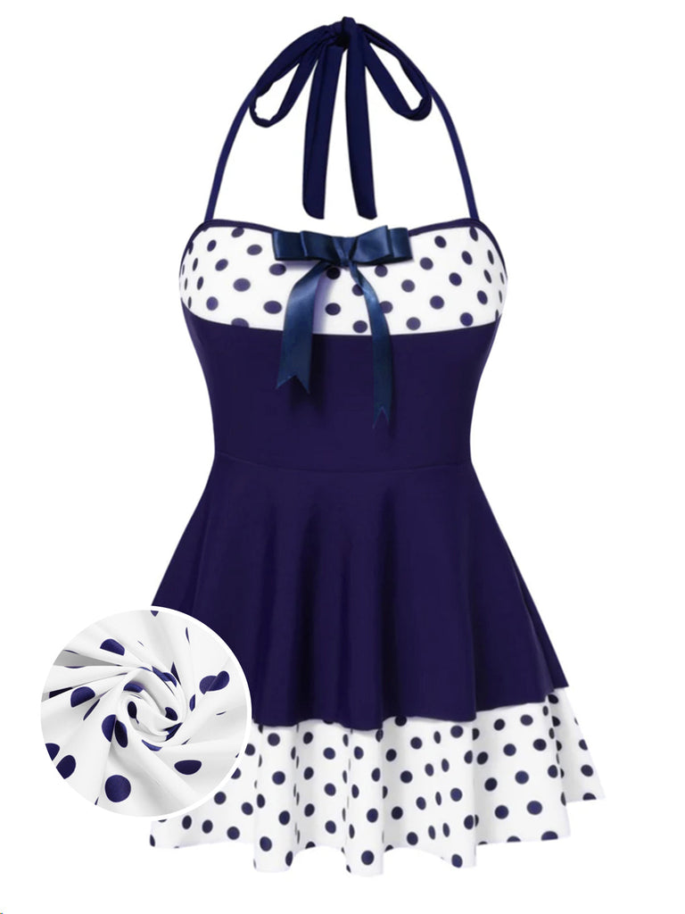 [Prévente] Maillot de Bain à Jupe Halter à Pois Patchwork Rouge Années 1940 2