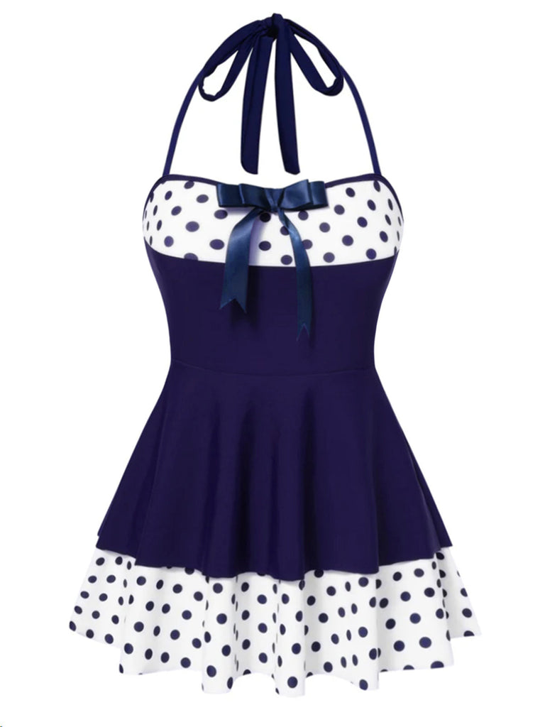 [Prévente] Maillot de Bain à Jupe Halter à Pois Patchwork Rouge Années 1940 3