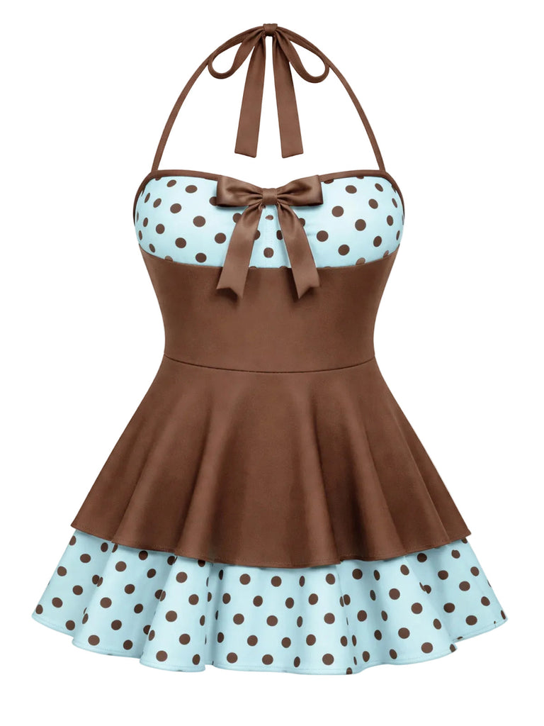 [Prévente] Maillot de Bain à Jupe Halter à Pois Patchwork Rouge Années 1940 9