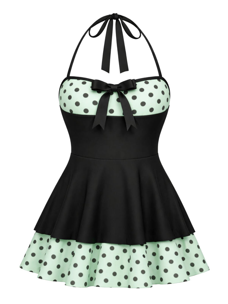 [Prévente] Maillot de Bain à Jupe Halter à Pois Patchwork Rouge Années 1940 10