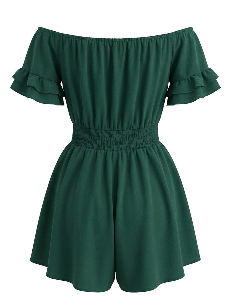 1940s Solid Off Shoulder Ruffle Sleeve Smocked Waist Romper - vintage jumpsuit, retro fashion