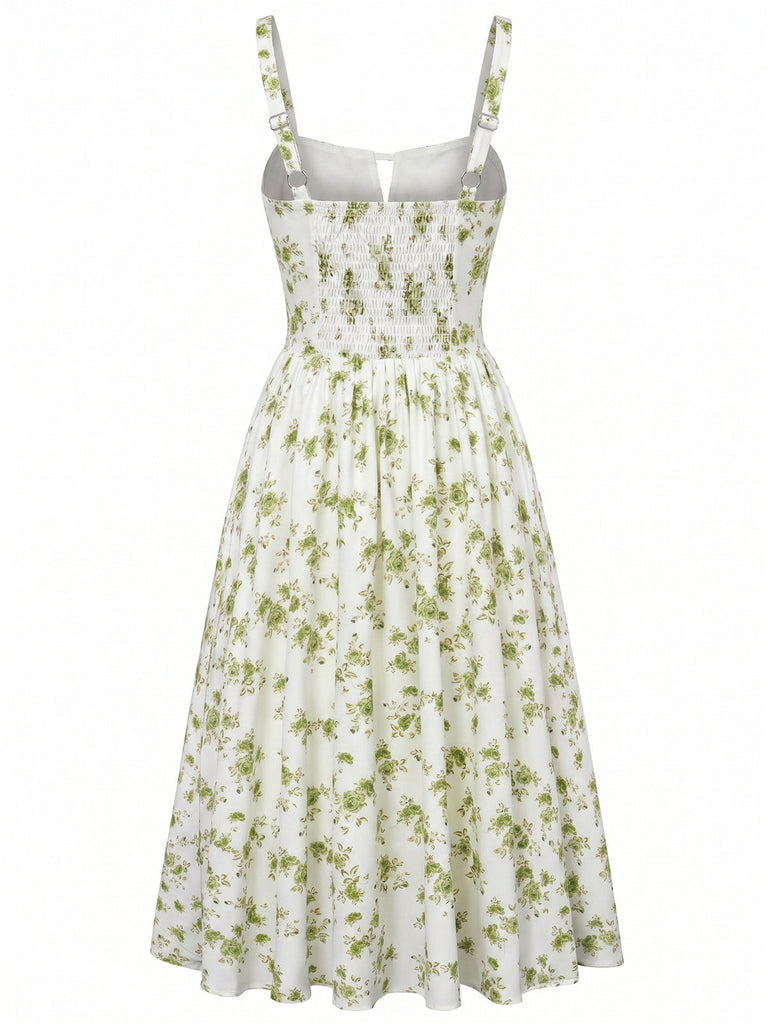 Florale Noué Devant Col Carré Midi Robe Années 1940 10