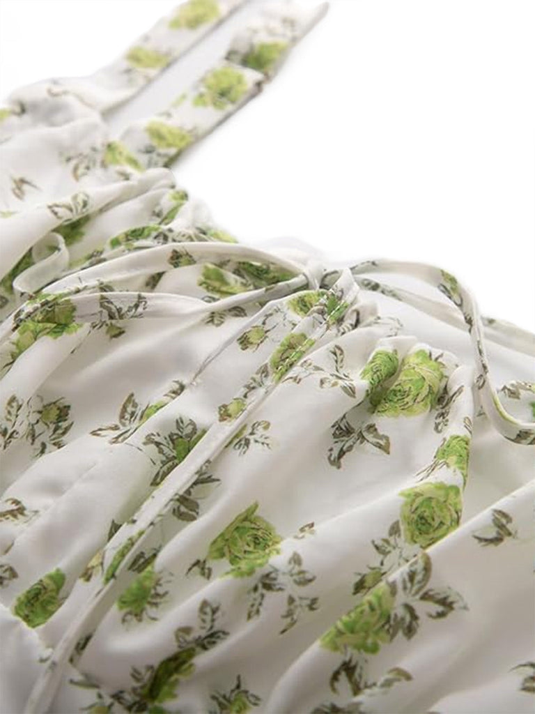 Florale Noué Devant Col Carré Midi Robe Années 1940 11