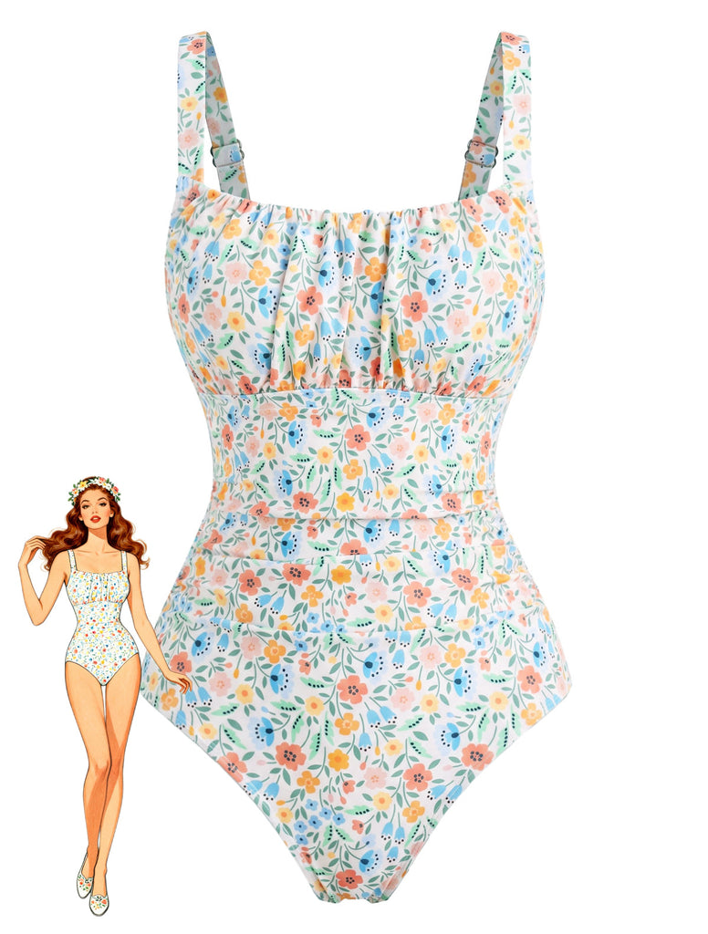 Froncé Col Carré Petites Fleurs Florale One-Pièce Maillot de Bain Années 1940