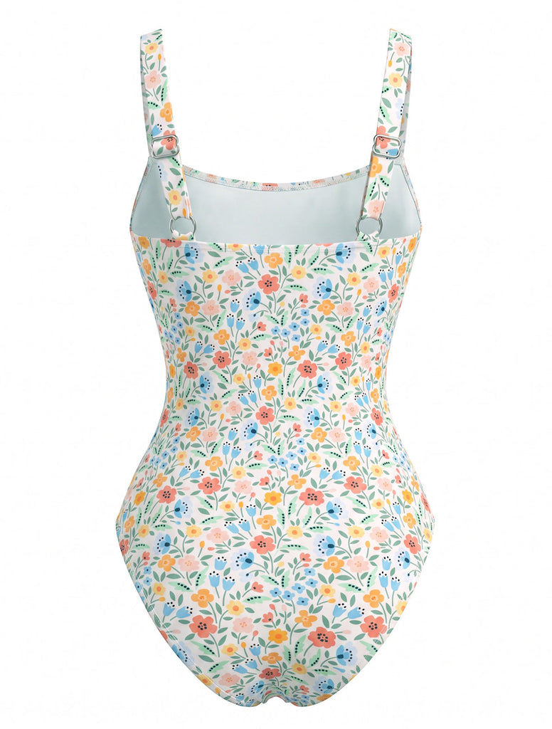 Froncé Col Carré Petites Fleurs Florale One-Pièce Maillot de Bain Années 1940 3