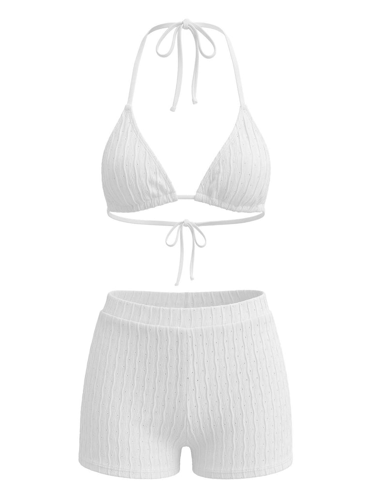Ensemble Bikini Texturé Halter Uni Triangle Années 1940 8