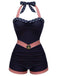 Maillot de Bain Dos-Nu Patchwork Étoiles Rayures & Ancre Bleu Marine Années 1940