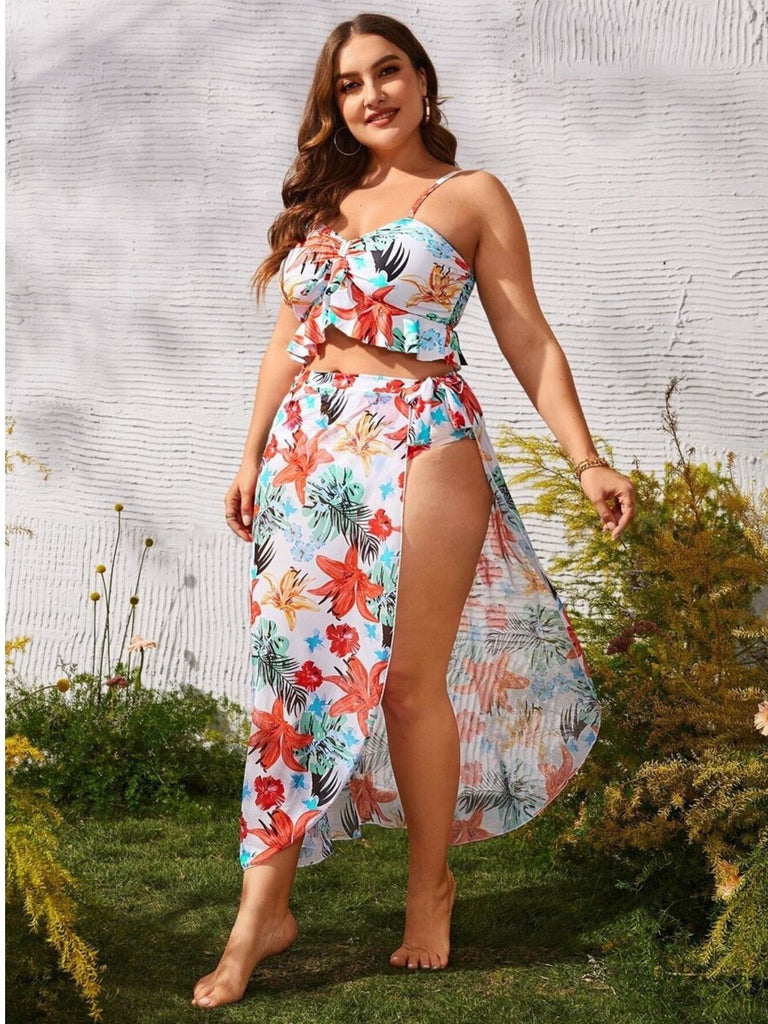 [Grande Taille] Ensemble Bikini Tropical Floral et Jupe Cache-Maillot Années 40