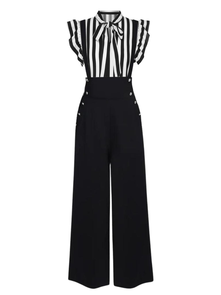2PC Années 30 Chemisier Rayé et Pantalon à Bretelles