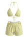 Ensemble 3 Pièces Bikini Dos-Nu Texturé & Short Jaune Années 1950