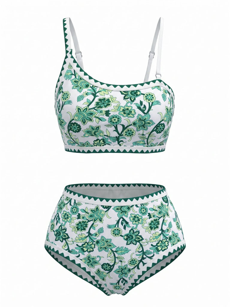 Ensemble Bikini Floral Botanique Asymétrique Taille Haute Années 1950 2