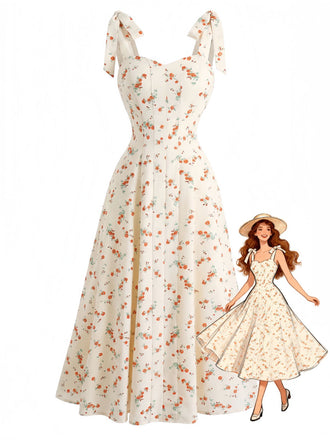Robe Col Cœur à Bretelles Nouées Petites Fleurs Beige Années 1950