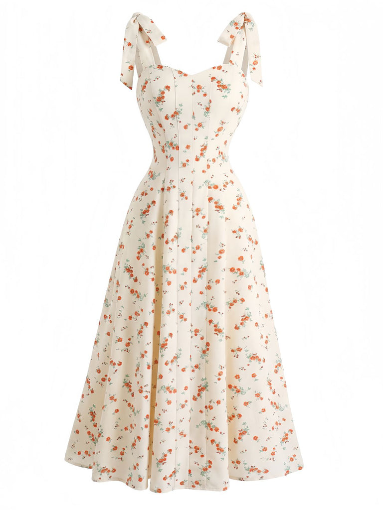 Robe Col Cœur à Bretelles Nouées Petites Fleurs Beige Années 1950