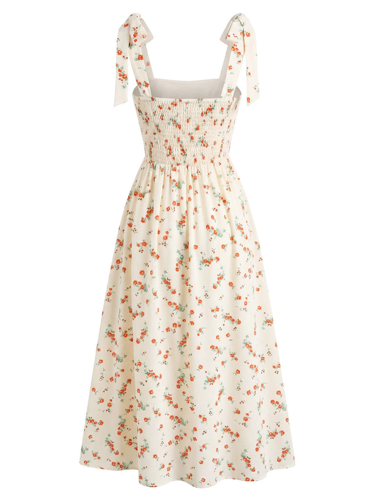 Robe Col Cœur à Bretelles Nouées Petites Fleurs Beige Années 1950