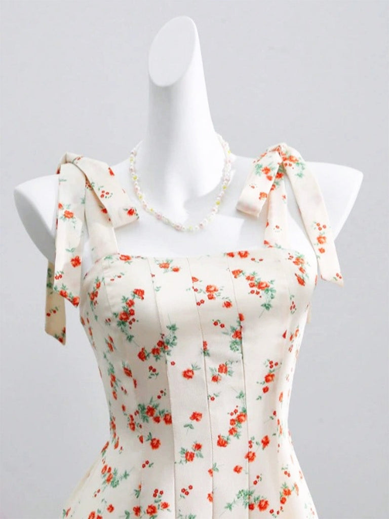 Robe Col Cœur à Bretelles Nouées Petites Fleurs Beige Années 1950