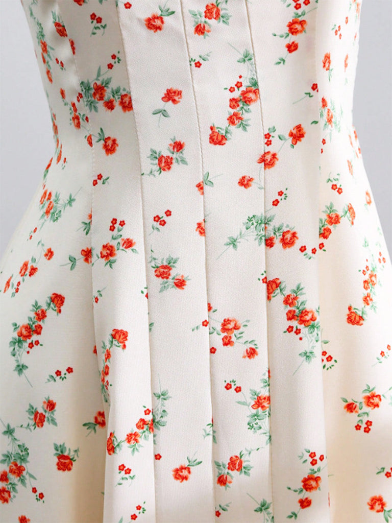 Robe Col Cœur à Bretelles Nouées Petites Fleurs Beige Années 1950