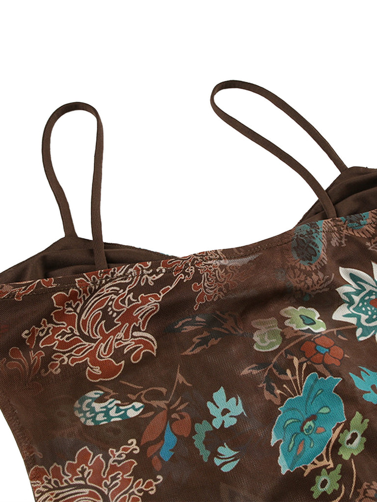Caraco à Bretelles Fines Floral Colorblock Années 1950