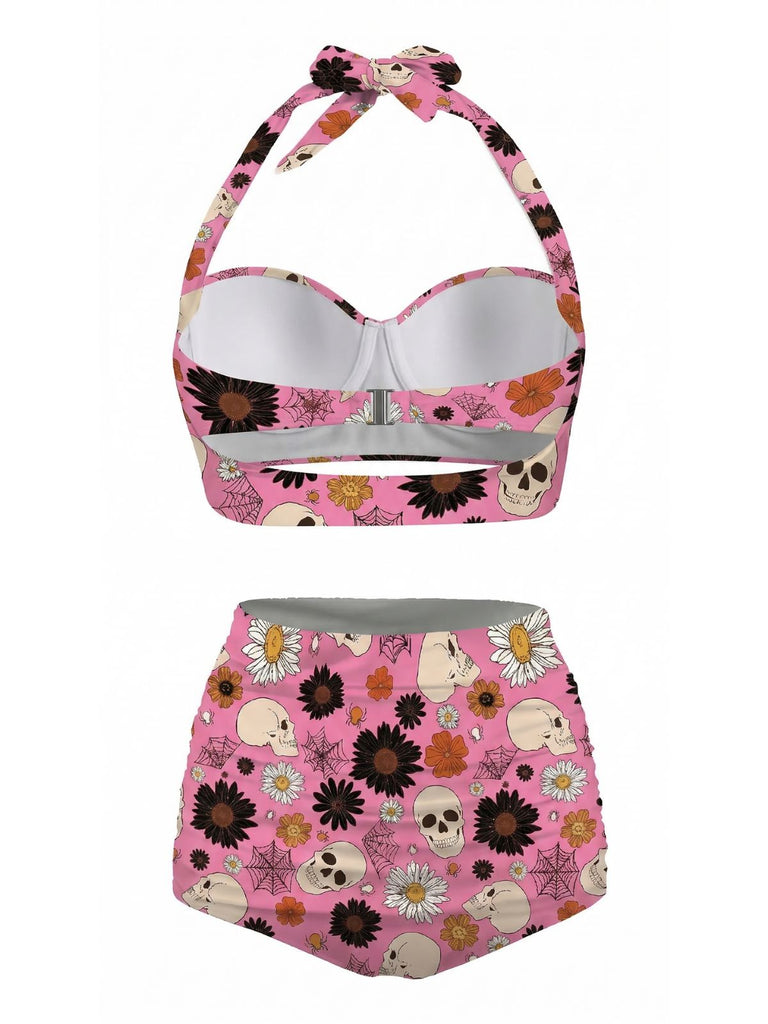 Maillot de bain dos nu à lacets imprimé floral noir des années 1950