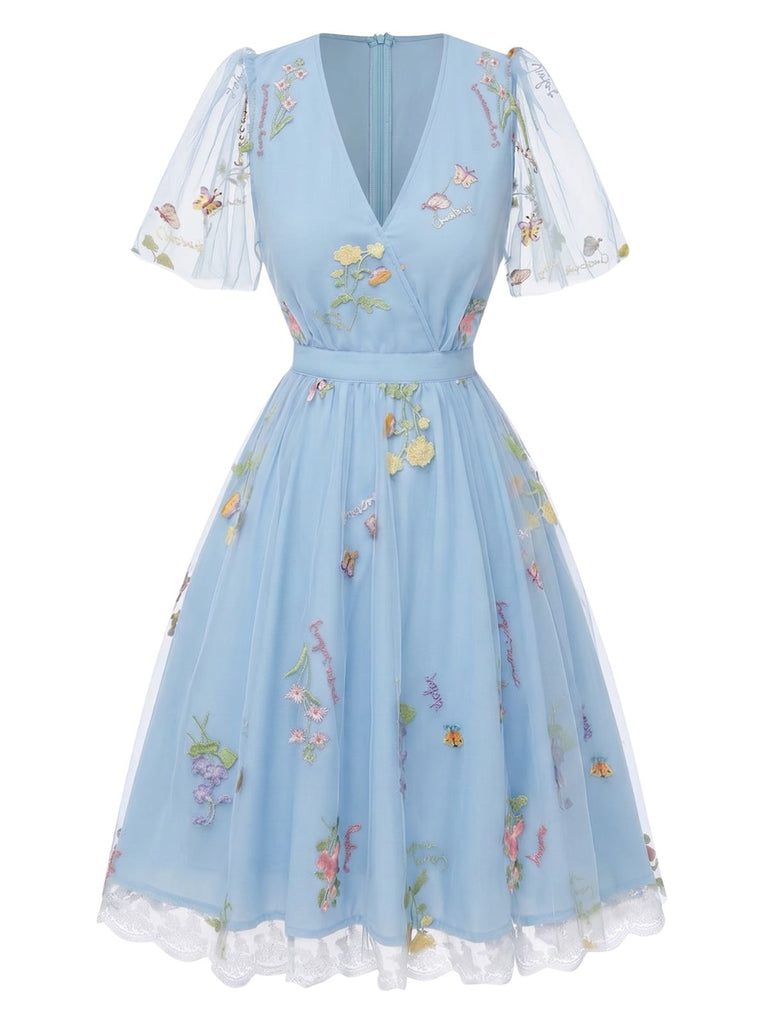 [Prévente] Robe Brodée en Mesh à Manches Bouffantes Floral Bleu Années 50