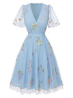 [Prévente] Robe Brodée en Mesh à Manches Bouffantes Floral Bleu Années 50