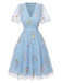 [Prévente] Robe Brodée en Mesh à Manches Bouffantes Floral Bleu Années 50