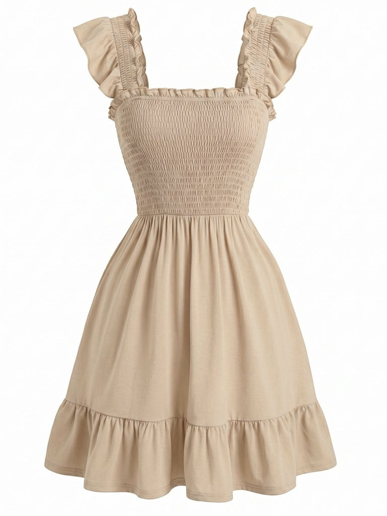 Robe Smockée Col Carré à Manches à Volants Années 1950 6