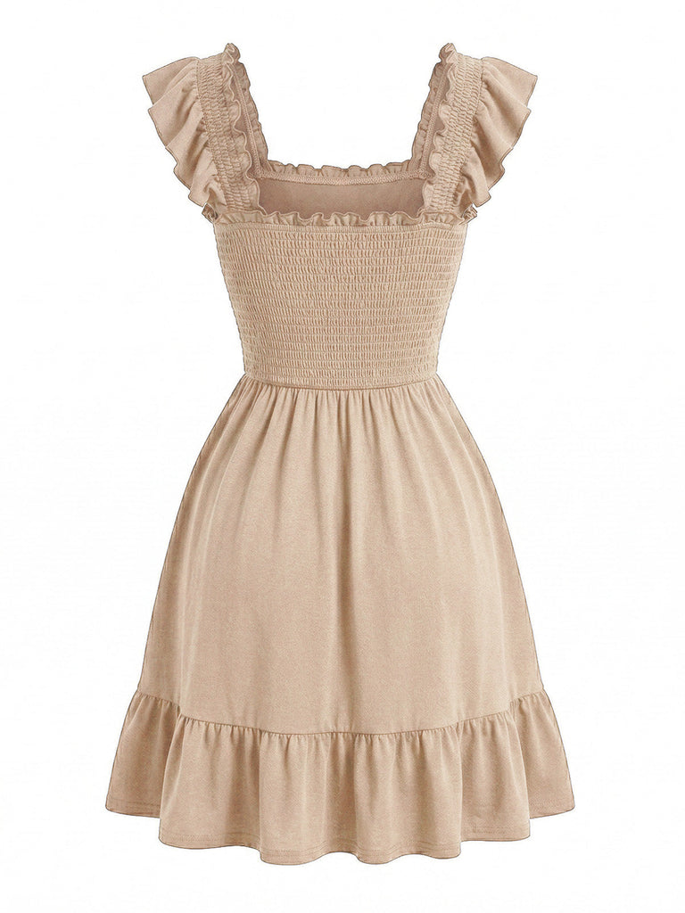 Robe Smockée Col Carré à Manches à Volants Années 1950 7