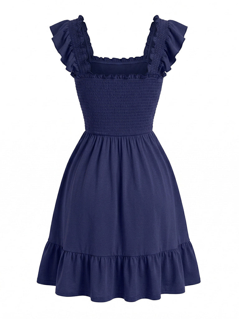 Robe Smockée Col Carré à Manches à Volants Années 1950 3
