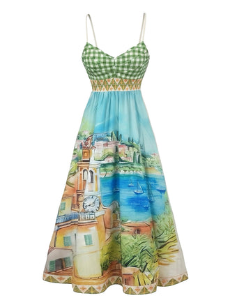à Carreaux Paysage Imprimée Bretelles Spaghetti Maxi Robe Verte Années 1950 2