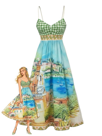 à Carreaux Paysage Imprimée Bretelles Spaghetti Maxi Robe Verte Années 1950