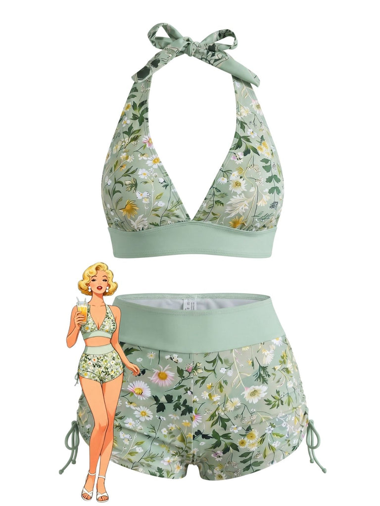 Ensemble Bikini Fleurs Sauvages Halter Taille Haute Shorty Années 1950