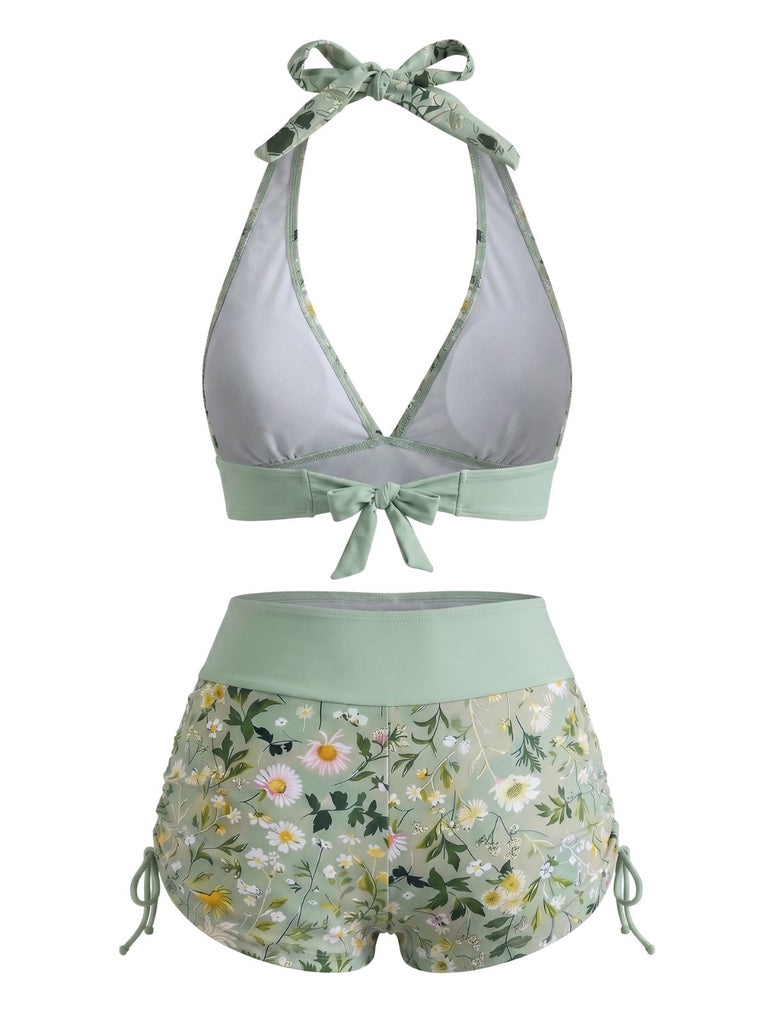 Ensemble Bikini Fleurs Sauvages Halter Taille Haute Shorty Années 1950 3