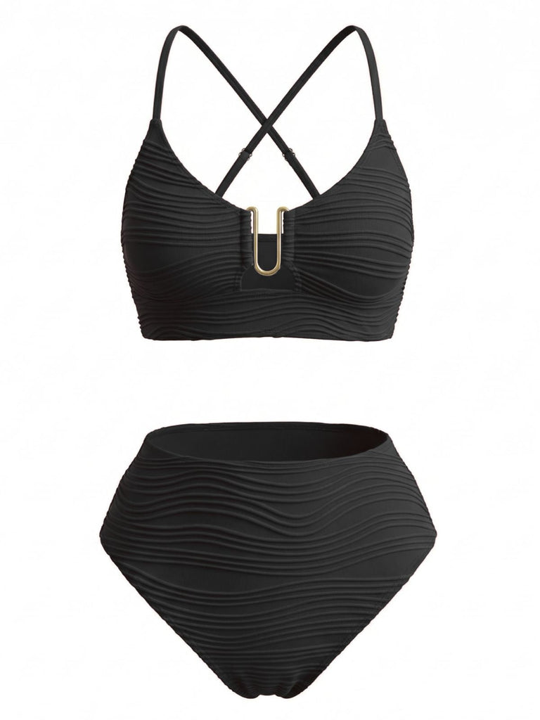Ensemble Tankini Taille Haute Uni avec Détail Métal en U Années 1950