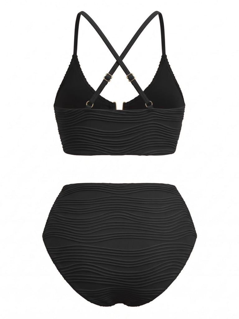 Ensemble Tankini Taille Haute Uni avec Détail Métal en U Années 1950