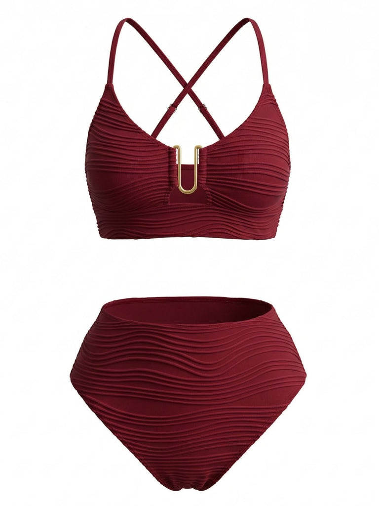 Ensemble Tankini Taille Haute Uni avec Détail Métal en U Années 1950