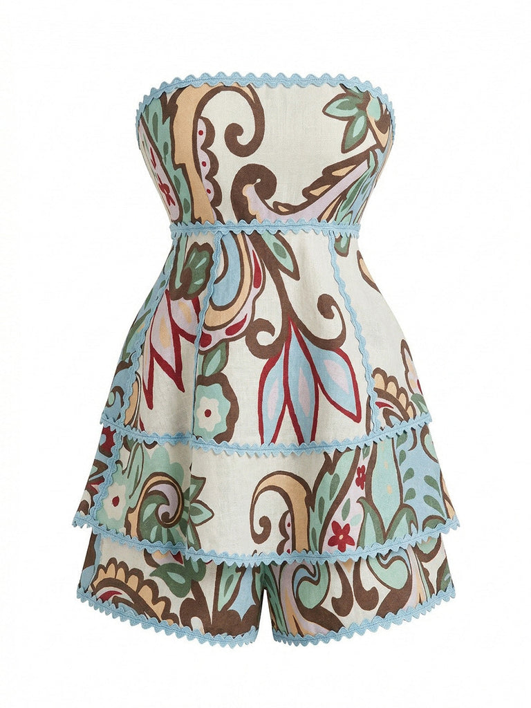 Deux Pièces Florale Botanique Imprimé Bustier Haut & Short Années 1950