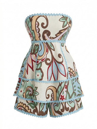 Deux Pièces Florale Botanique Imprimé Bustier Haut & Short Années 1950
