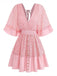 Uni Dentelle Patchwork Chauve-Souris Sleeve Col en V Robe Années 1970 3