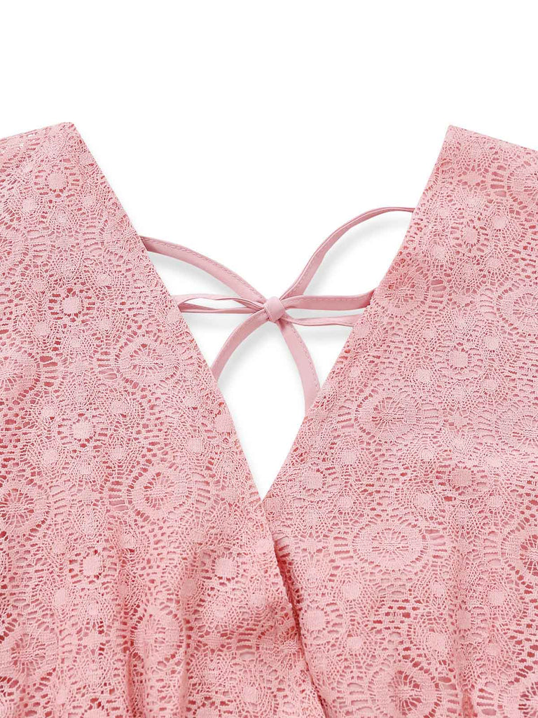 Uni Dentelle Patchwork Chauve-Souris Sleeve Col en V Robe Années 1970 5
