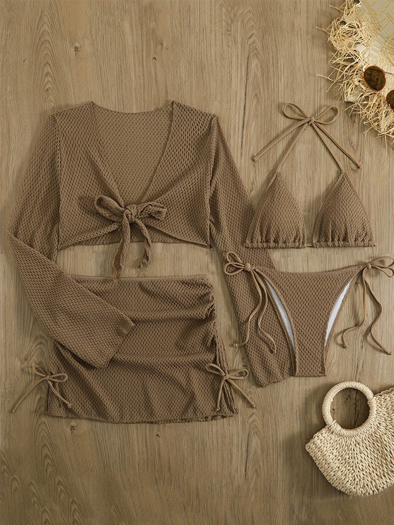 Ensemble Bikini Halter Crochet Uni et Cache-Maillot Années 50