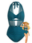 Maillot De Bain Une Pièce Licou Tulle Bleu Canard Années 1950